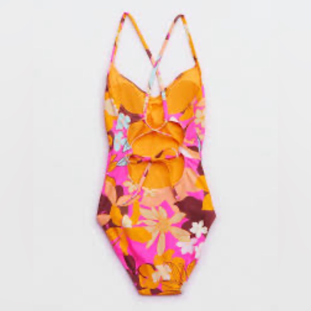 aerie Bright Floral One-Piece Swimsuit in Pink, Orange, Blue, Brown - Picture 2 of 4